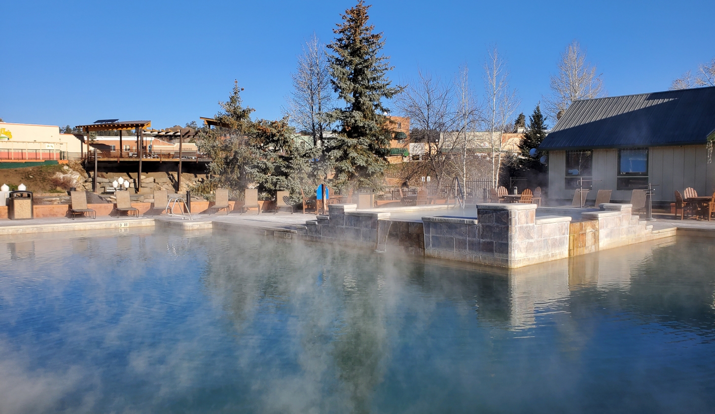 Outdoor view of the hot spring pool on top of a regular pool