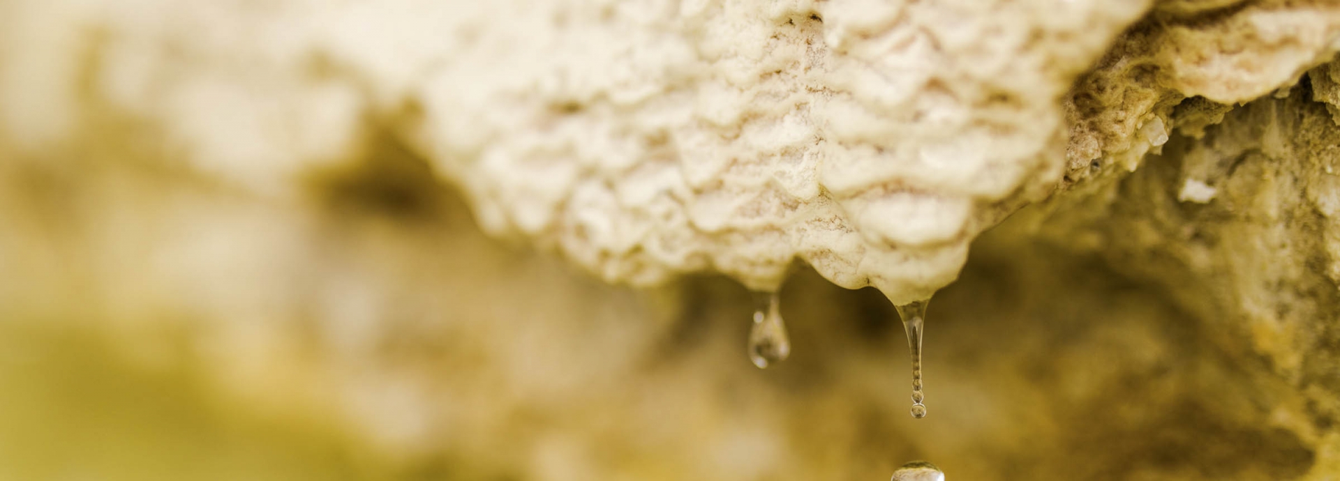Water drops falling from a textured rock