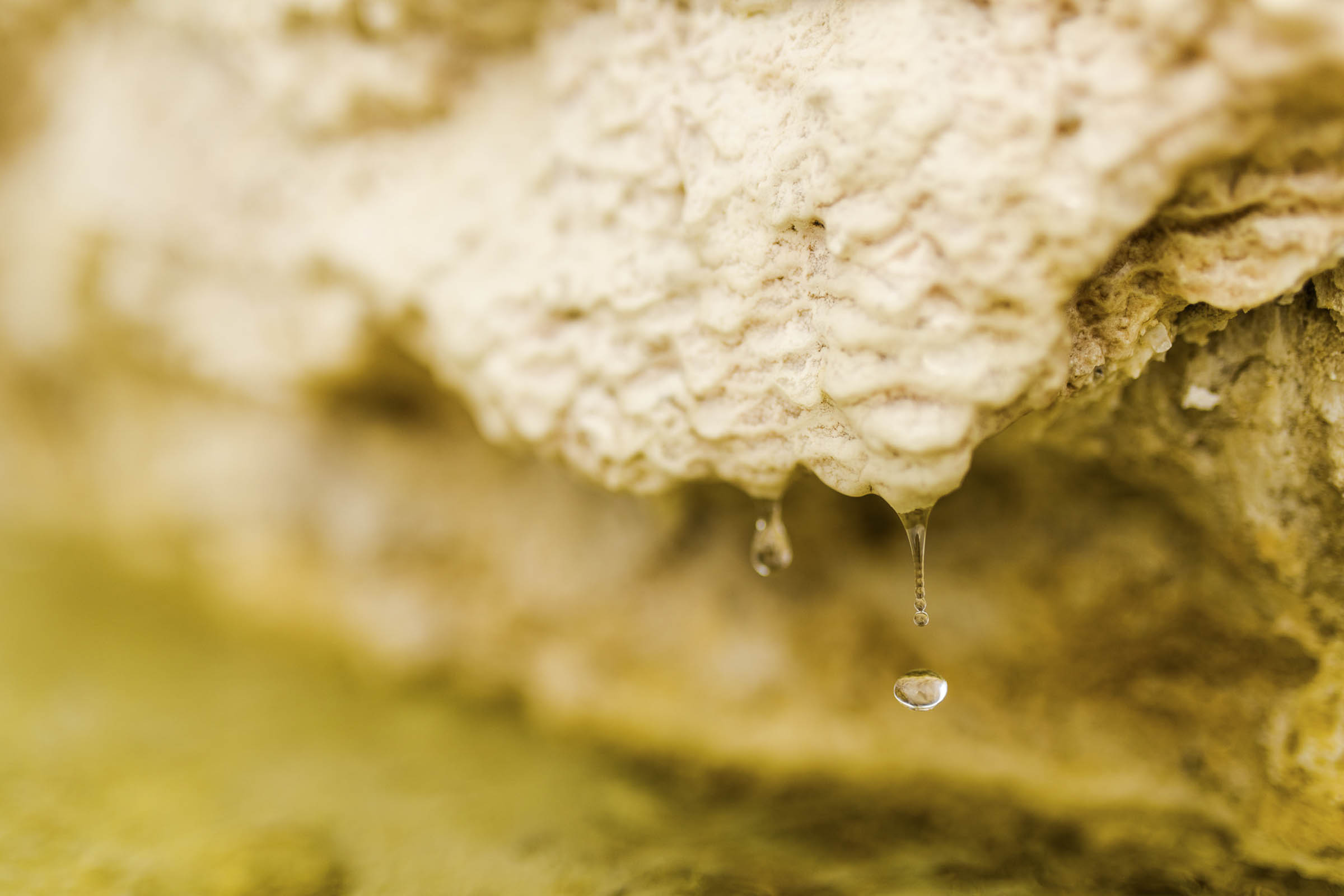 Water drops falling from a textured rock