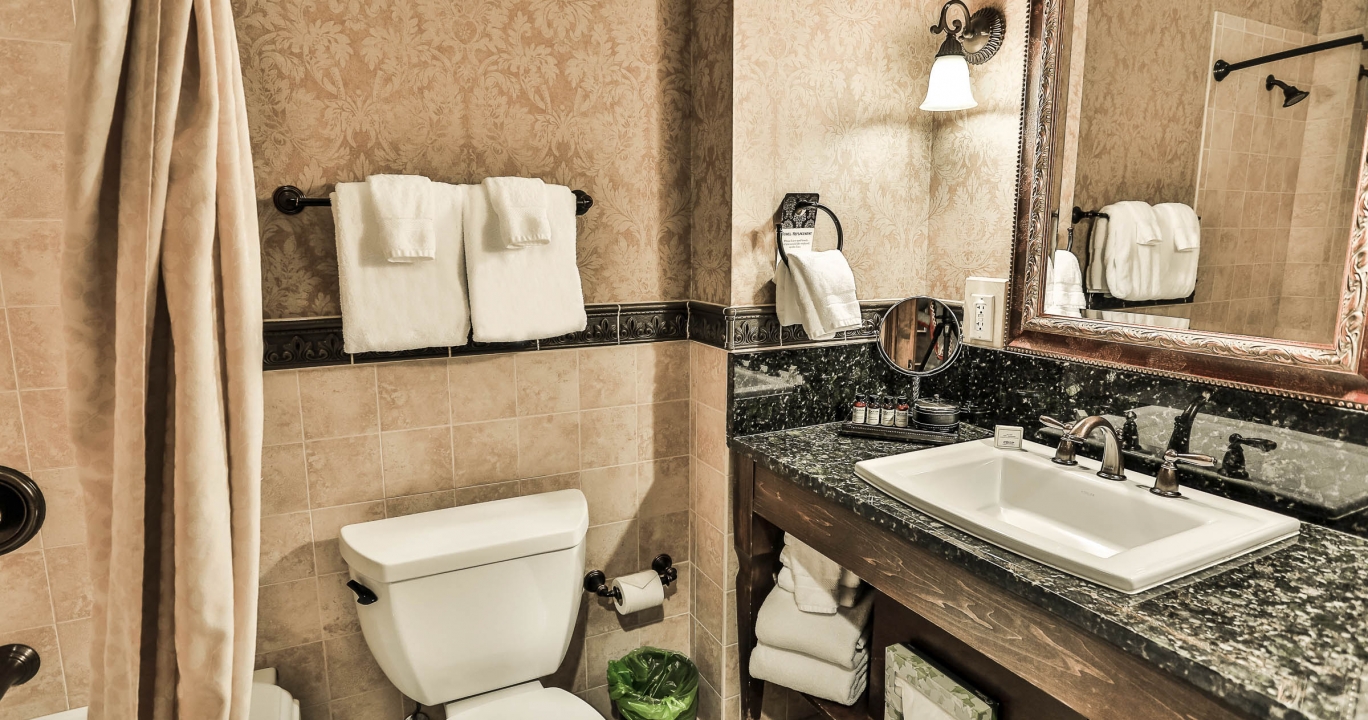 Marble bathroom countertop next to an ornate mirror in the Lux King bathroom